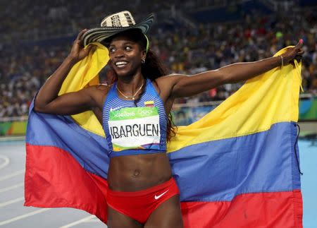 2016 Rio Olympics - Athletics - Final - Women's Triple Jump Final - Olympic Stadium - Rio de Janeiro, Brazil - 14/08/2016. Caterine Ibarguen (COL) of Colombia celebrates winning the gold medal. REUTERS/Phil Noble