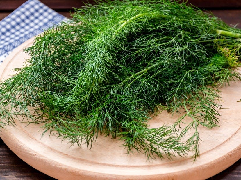 bunch of dill on wooden board