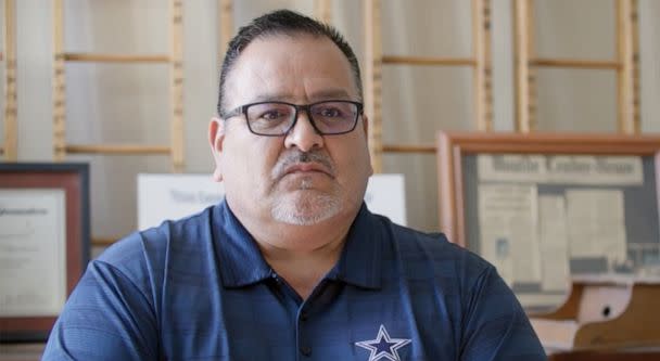 PHOTO: Oscar Orona sits for an interview with ABC News. His 10-year-old son, Noah, was shot in the back in the Uvalde school shooting. (Kat Caulderwood/ABC News)