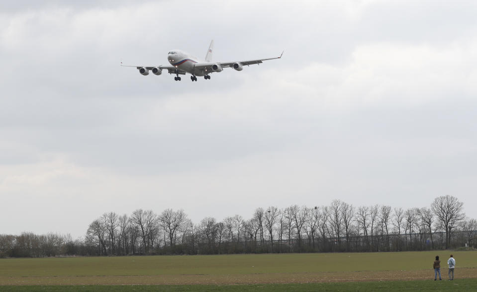 Russian special government plane lands at the Vaclav Havel airport in Prague, Czech Republic, Monday, April 19, 2021. Czech Republic is expelling 18 diplomats identified as spies over a 2014 ammunition depot explosion. On Saturday, April 17, 2021, Prime Minister Andrej Babis said the Czech spy agencies provided clear evidence about the involvement of Russian military agents in the massive explosion that killed two people. (AP Photo/Petr David Josek)
