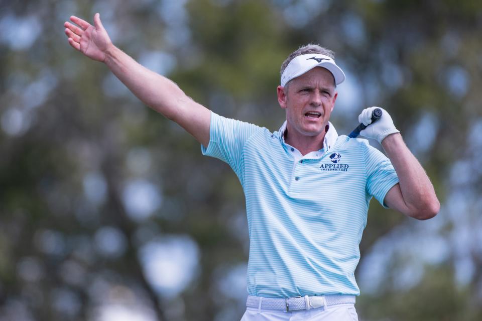 Luke Donald reacts to his shot from the fifth tee during the first round of the Honda Classic at PGA National Resort & Spa on Thursday, February 23, 2023, in Palm Beach Gardens, FL.