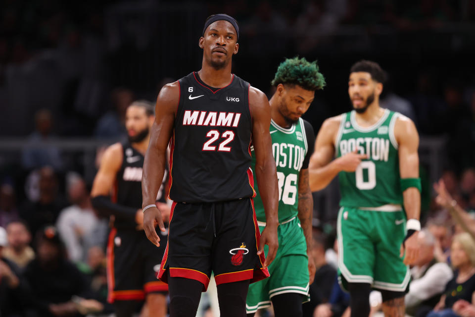 BOSTON, MASSACHUSETTS - MAY 29: Jimmy Butler #22 of the Miami Heat reacts during the second quarter against the Boston Celtics in game seven of the Eastern Conference Finals at TD Garden on May 29, 2023 in Boston, Massachusetts. NOTE TO USER: User expressly acknowledges and agrees that, by downloading and or using this photograph, User is consenting to the terms and conditions of the Getty Images License Agreement. (Photo by Maddie Meyer/Getty Images)