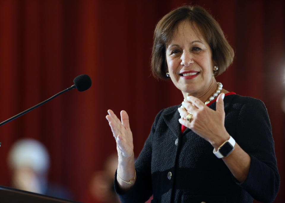 Carol Folt speaks after being named as University of Southern California's 12th president at Town & Gown of USC building in Los Angeles, Wednesday, March 20, 2019. The announcement comes a week after news broke of a massive college bribery scam involving USC and other universities across the country. Folt most recently was formerly the chancellor of the University of North Carolina at Chapel Hill (UNC). She will take office as USC's new president on July 1. (AP Photo/Damian Dovarganes)