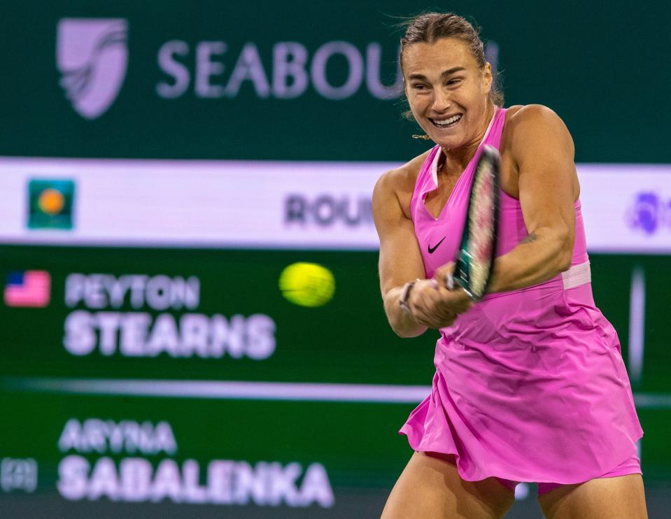 Aryna Sabalenka hits back to Peyton Stearns during round two of the BNP Paribas Open in Indian Wells, Calif., Saturday, March 9, 2024.