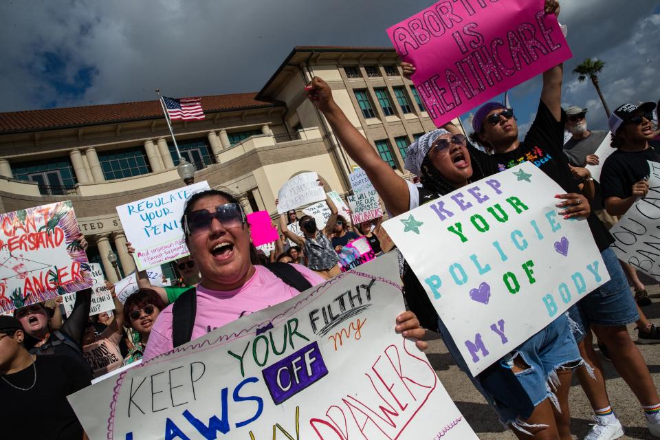 Demonstrators gather for an abortion rights protest at the U.S. District Courthouse on North Shoreline Boulevard on Monday, July 4, 2022 in Corpus Christi.