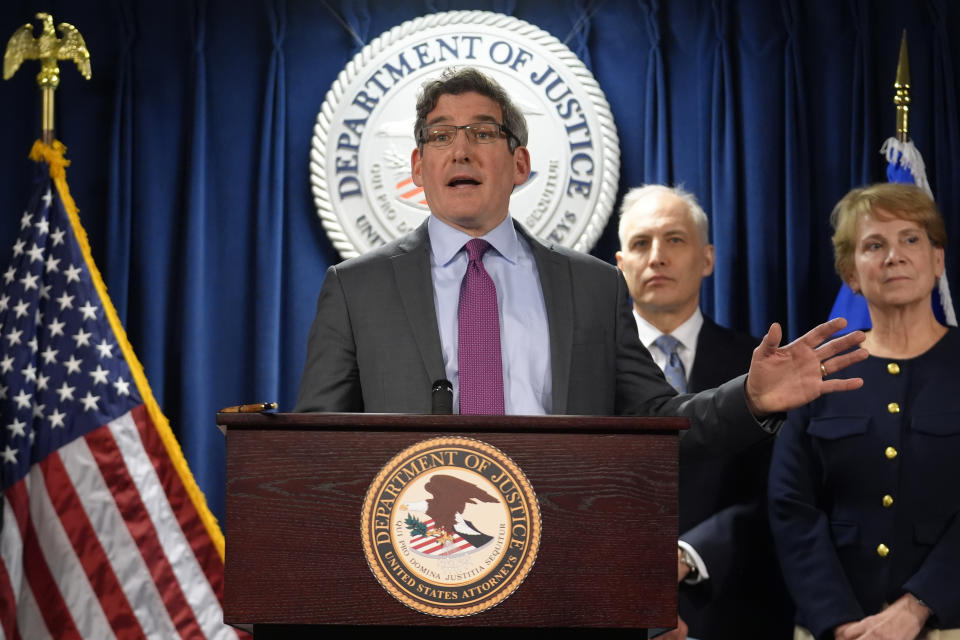 Joshua Levy, acting U.S. Attorney district of Massachusetts, left, faces reporters as Matthew Olsen, assistant attorney general justice department's national security division, center, and Nadine Pellegrini, chief of national security at the U.S Attorney's office, right, look on during a news conference, Monday, March 4, 2024, in Boston. Massachusetts Air National Guardsman Jack Teixeira plead guilty in federal court Monday to leaking highly classified military documents about Russia's war in Ukraine and other national security secrets. (AP Photo/Steven Senne)