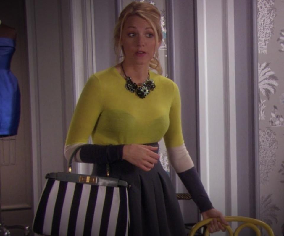 Serena van der Woodsen (original series) wearing a yellow color block sweater.