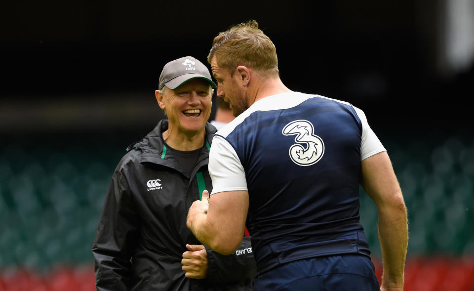 CARDIFF, WALES - AUGUST 07:  Ireland captain Jamie Heaslip (r) shares a joke with coach Joe Schmidt during Ireland's captains run prior to saturday's Rugby World Cup warm up match against Wales at Millenium Stadium on August 7, 2015 in Cardiff, Wales.  (Photo by Stu Forster/Getty Images)