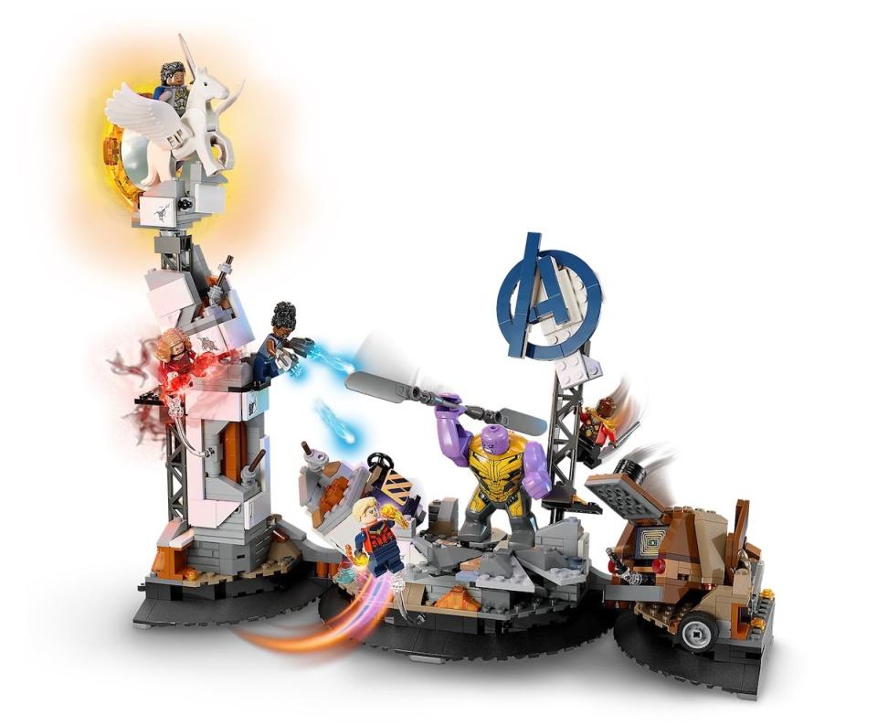 Lego's Avengers: Endgame playset with minifigs in a pulled open set on display