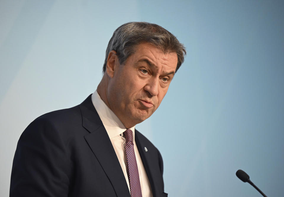 Bavaria's Governor Markus Soeder speaks during press conference, in Munich, Germany, Sunday, Sept. 3, 2023. The governor of the German state of Bavaria said Sunday that he will let his deputy stay in office following a furor that started with allegations he was responsible for an antisemitic flyer when he was a high school student 35 years ago. (Sven Hoppe/dpa via AP)