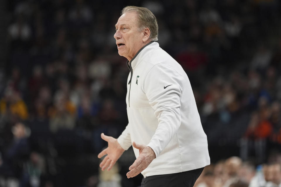 Michigan State head coach Tom Izzo looks toward a referee during the first half of an NCAA college basketball game against Purdue in the quarterfinal round of the Big Ten Conference tournament, Friday, March 15, 2024, in Minneapolis. (AP Photo/Abbie Parr)