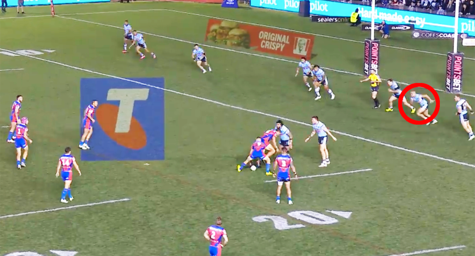 The Sharks appeared to be offside before the contentious blockers penalty was given against Newcastle. Pic: Fox League