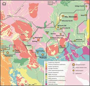 Abu Marawat regional geology, showing the location of the Rodruin and Hamama projects