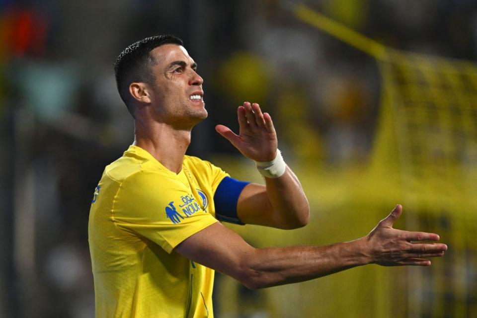 Nassr's Portuguese forward #07 Cristiano Ronaldo reacts to a missed chance during the Saudi Pro League football match between Al-Nassr and Al-Akhdoud in Riyadh's Al-Awal Park Stadium on November 24, 2023. (Photo by AFP) (Photo by -/AFP via Getty Images)