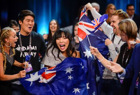 Australia's Dami Im and her team cheer in the Green Room during the Eurovision Song Contest 2016 semi-final 2 at the Ericsson Globe Arena in Stockholm, Sweden May 12, 2016. TT News Agency/Maja Suslin/via REUTERS