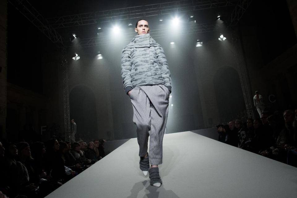 A model walks the runway during the Alexander Wang Fall 2013 fashion show during Fashion Week, Saturday, Feb. 9, 2013, in New York. (AP Photo/John Minchillo)