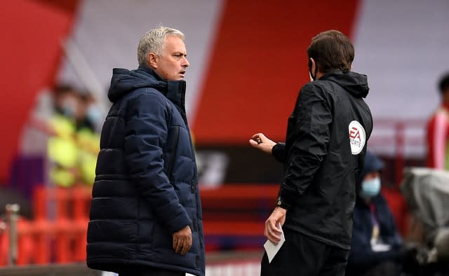 Tottenham manager Jose Mourinho reacts after VAR rules out a gal for his side at Sheffield United