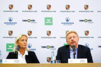 Barbara Rittner head of women's tennis is seen with Three-times Wimbledon champion Boris Becker as he is announced as German Tennis Federation's (DTB) new head of men's tennis during a news conference in Frankfurt, Germany, August 23, 2017. REUTERS/Kai Pfaffenbach