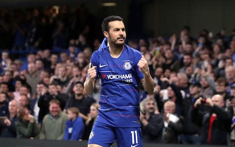 Chelsea's Pedro celebrates scoring his side's first goal of the game during the UEFA Europa League quarter final second leg match at Stamford Bridge, London - Credit: PA