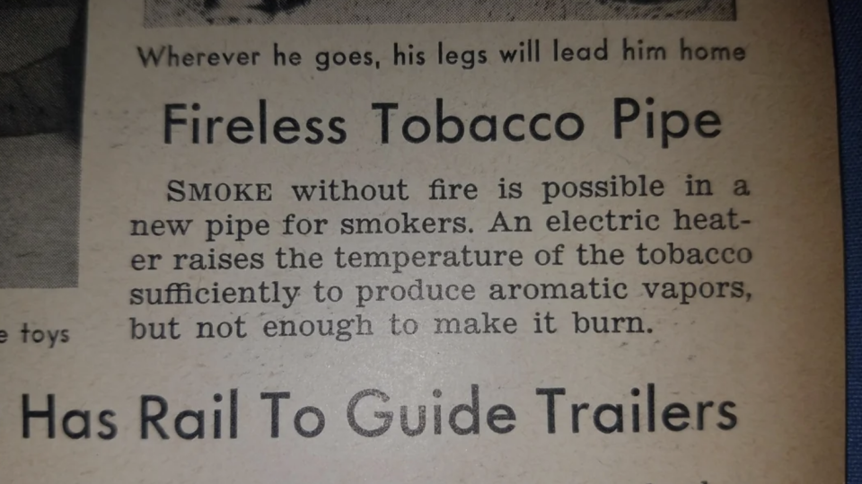 An article titled "Fireless Tobacco Pipe" describes a new electric device for smoking that heats tobacco to produce vapors without burning it