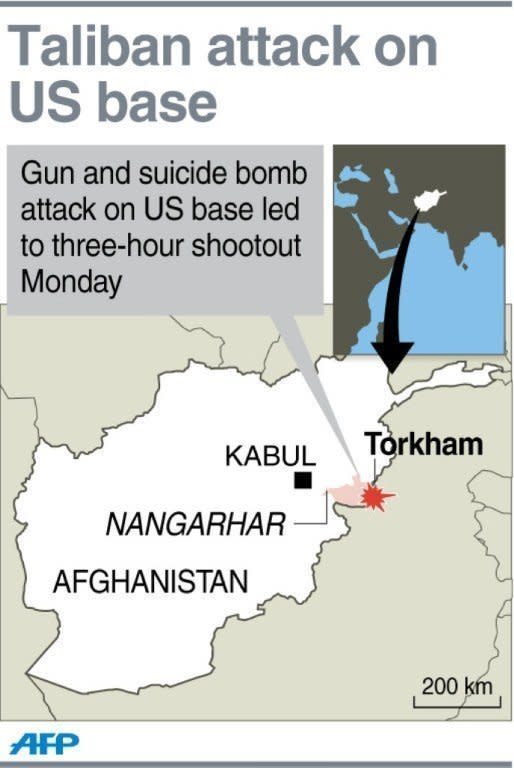 A map locating Torkham in eastern Afghanistan. Taliban suicide bombers and gunmen dressed as Afghan police attacked a US base near the Pakistani border on Monday and set dozens of parked NATO supply vehicles ablaze, officials said