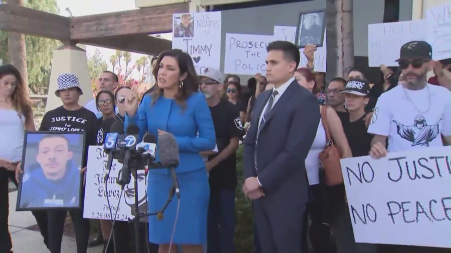 Loved ones and attorneys called for justice on July 26, 2024 in a lawsuit filed against the Hemet Police Department after the shotoing death of Jimmy Lopez. (KTLA)