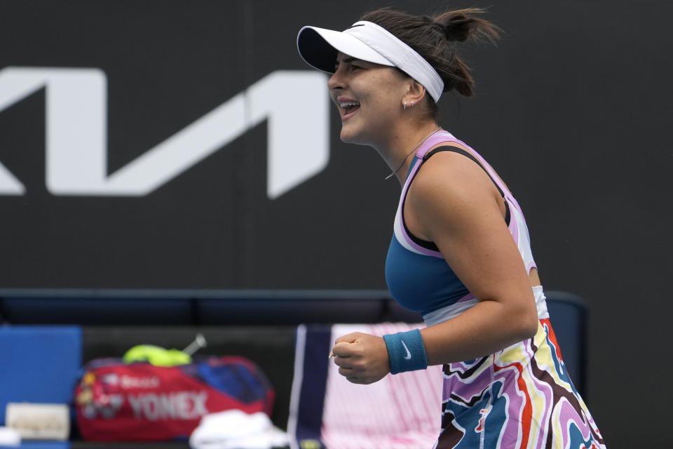 Bianca Andreescu of Canada reacts after winning a point against Marie Bouzkova of the Czech Republic during their first round match at the Australian Open tennis championship in Melbourne, Australia, Monday, Jan. 16, 2023. (AP Photo/Ng Han Guan)