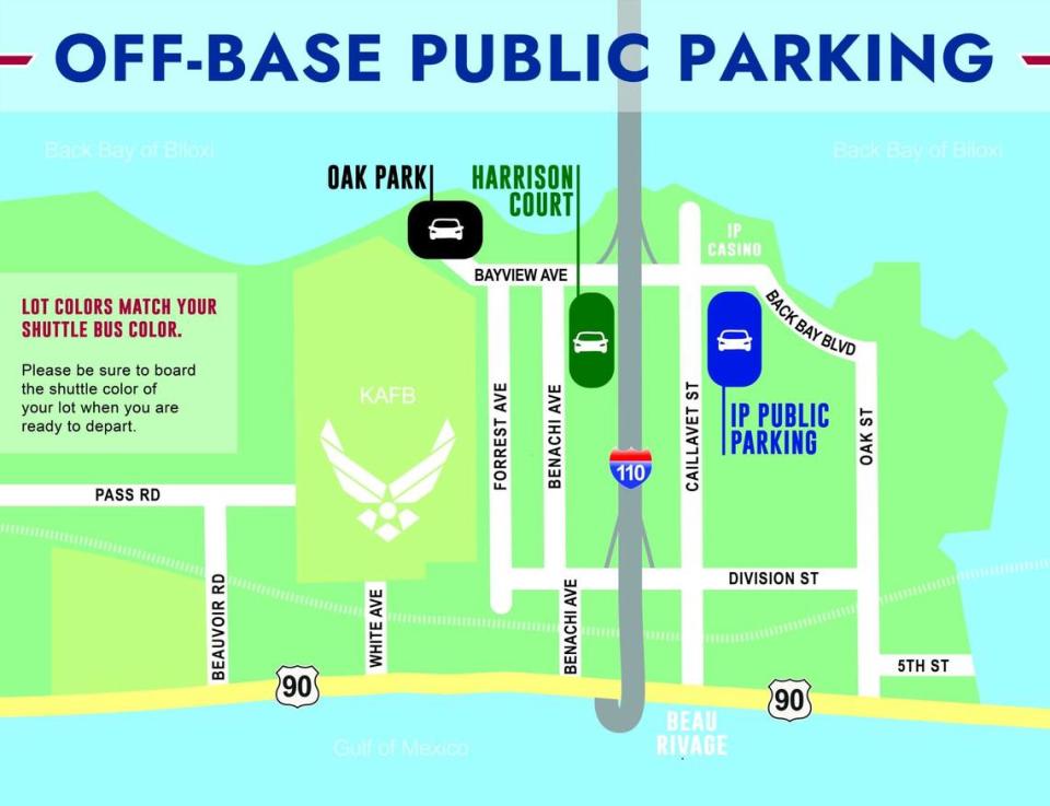 Free shuttle buses will run from three public parking areas off Bayview Avenue in Biloxi for Thunder Over the Sound airshow. Anyone who wants to attend the airshow at Keesler Air Force Base must park in one of these areas and board the shuttle.