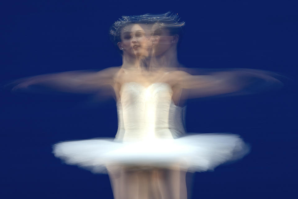 American Ballet Theater's ballerina Devon Teuscher rehearses for a performance at the Shanghai Grand Theater in Shanghai, Thursday, Nov. 2, 2023. (AP Photo/Ng Han Guan)