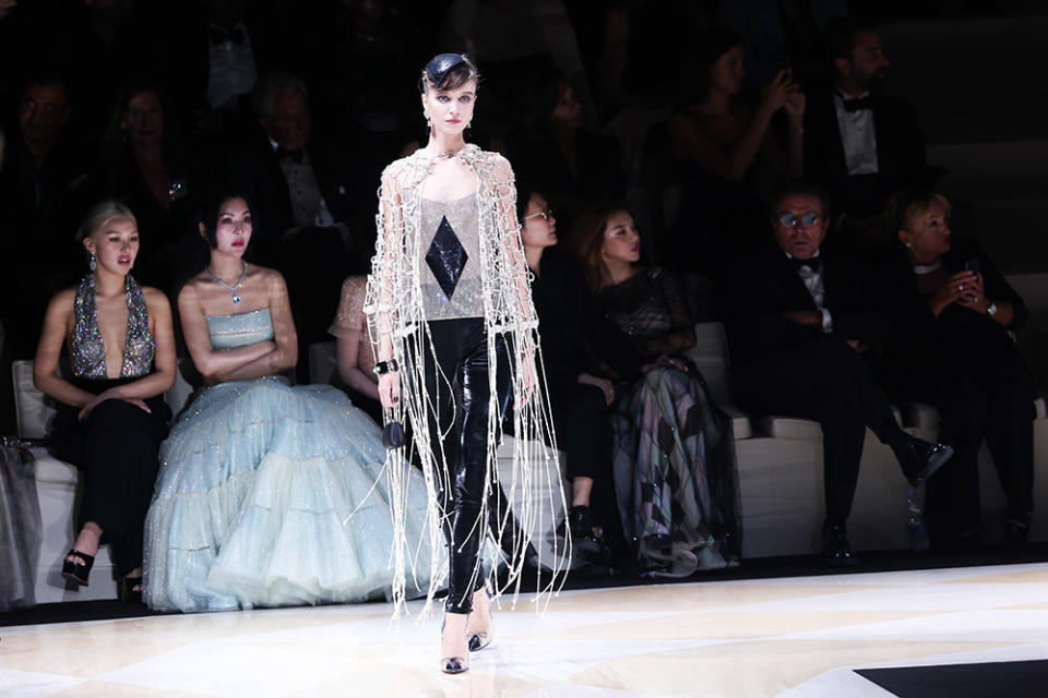 Model walks the runway of Giorgio Armani "One Night In Venice" show on September 02, 2023 in Venice, Italy.