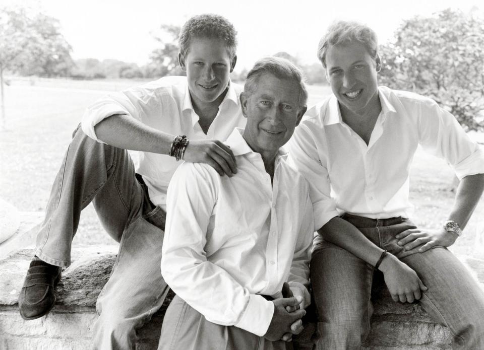 From left, Prince Harry, Prince Charles and Prince William pose for Charles' personal Christmas card in 2004, taken by Mario Testino in the grounds of Highgrove House. [Photo: PA]