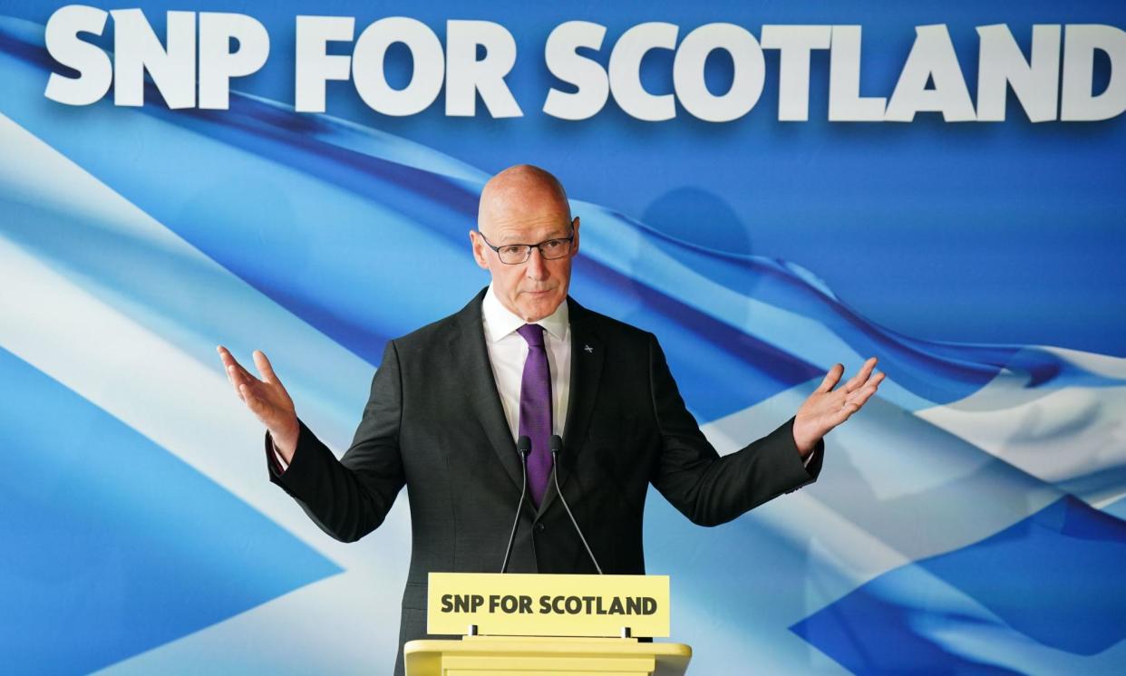 <span>John Swinney speaks to the media in Edinburgh after Labour made big gains in Scotland.</span><span>Photograph: Jane Barlow/PA</span>