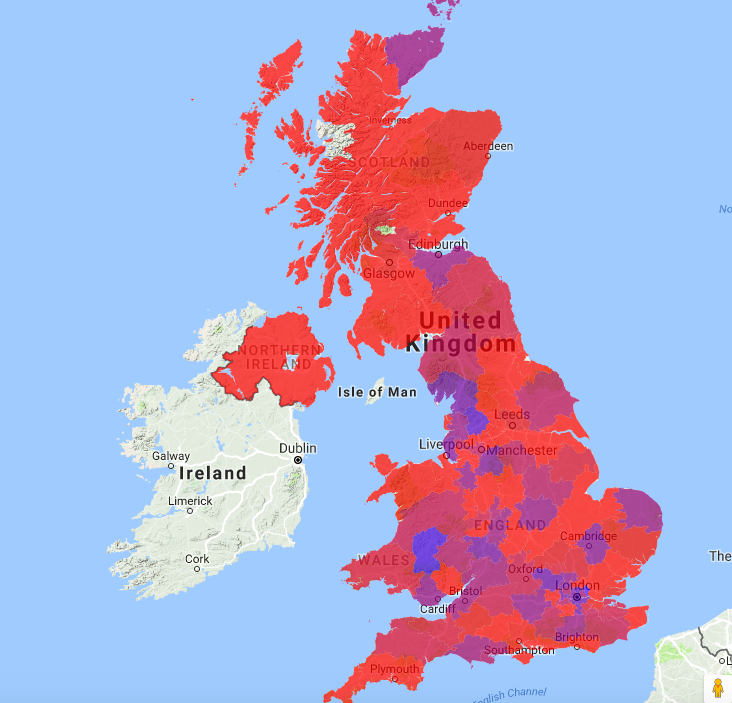 The map shows a gradient from no reported influenza like illness (ILI) (blue) to very high ILI (red). (Picture: FluSurvey Map)