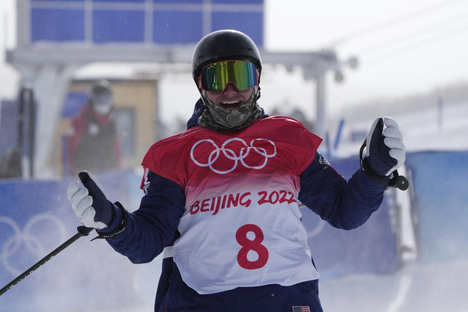 United States' David Wise reacts during the men's halfpipe finals at the 2022 Winter Olympics, Saturday, Feb. 19, 2022, in Zhangjiakou, China. (AP Photo/Lee Jin-man)