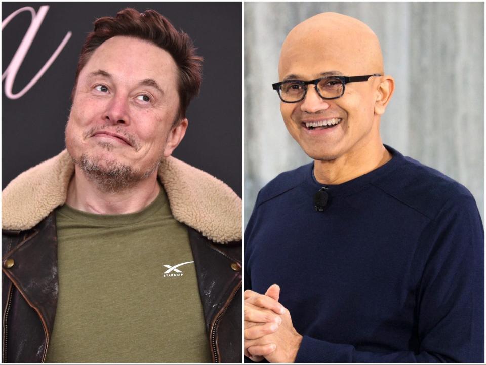 Elon Musk directed posts at Microsoft and its CEO while he set up his PC. - Copyright: Lisa O'Connor/AFP/Getty Images; JASON REDMOND/AFP/Getty Images