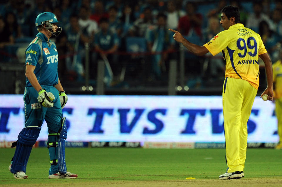 Chennai Super Kings cricketer Ravichandran Ashwin (R) exchanges words with Pune Warriors India batsman Steven Smith during the IPL Twenty20 cricket match between Pune Warriors India and Chennai Super Kings at The Subrata Roy Sahara Stadium in Pune on April 14, 2012. AFP PHOTO/Indranil MUKHERJEE RESTRICTED TO EDITORIAL USE. MOBILE USE WITHIN NEWS PACKAGE (Photo credit should read INDRANIL MUKHERJEE/AFP/Getty Images)