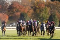 Pierre-Charles Boudot, center front in purple silks, rides Order of Australia to win the Breeders' Cup Mile horse race at Keeneland Race Course, in Lexington, Ky., Saturday, Nov. 7, 2020. (AP Photo/Mark Humphrey)