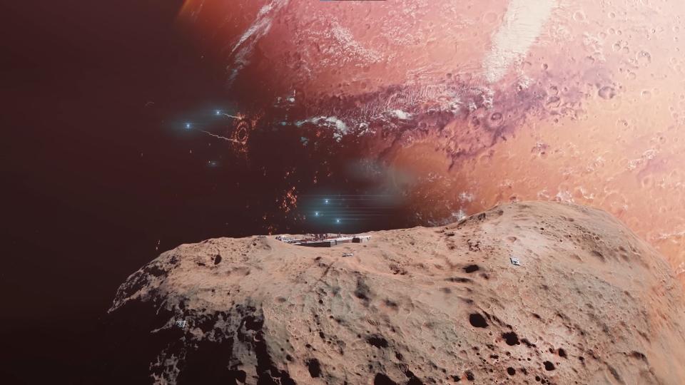 spaceships launch from a rocky moon in front of a large reddish-orange planet