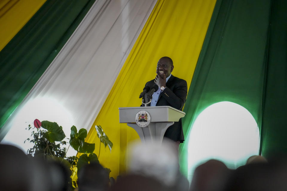 Kenya's President-elect William Ruto addresses the media at his official residence of the deputy president in the Karen area of Nairobi, Kenya Wednesday, Aug. 17, 2022. (AP Photo/Mosa'ab Elshamy)