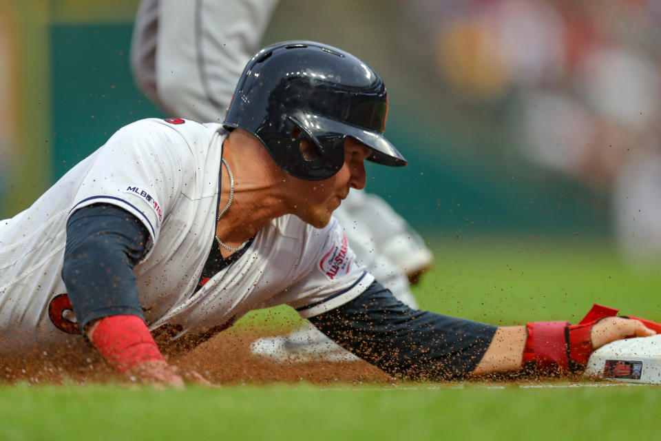 CLEVELAND, OH - JULY 16: Cleveland Indians designated hitter Jake Bauers (10) is safe at third base with a head first slide as he advances from first to third on a single to right field during the second inning of the Major League Baseball game between the Detroit Tigers and Cleveland Indians on July 16, 2019, at Progressive Field in Cleveland, OH. (Photo by Frank Jansky/Icon Sportswire via Getty Images)