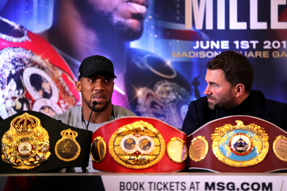 LONDON, ENGLAND - FEBRUARY 25: Anthony Joshua and Eddie Hearn during an Anthony Joshua and Jarrell Miller Press Conference ahead of their fight in June 2019 for the IBF, WBA and WBO heavyweight titles at Hilton London Syon Park on February 25, 2019 in London, England. (Photo by Richard Heathcote/Getty Images)