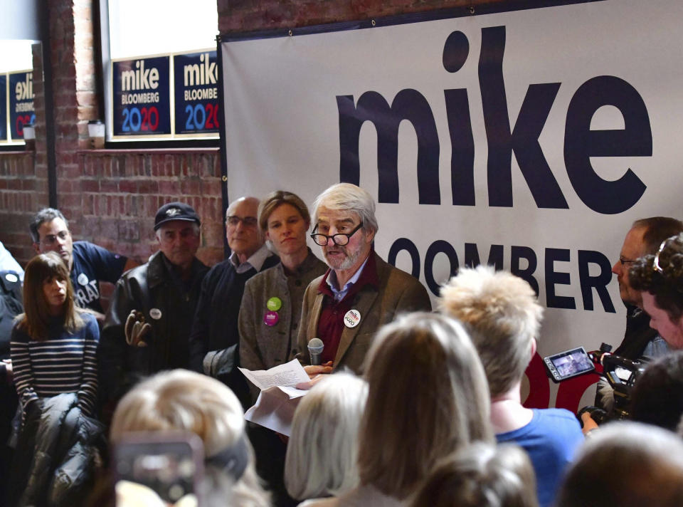 Actor Sam Waterston speaks during the opening of Democratic presidential candidate and former New York Mayor Michael Bloomberg's campaign office, in Colorado Springs, Colo., Sunday, Feb. 9, 2020. (Jerilee Bennett/The Gazette via AP)