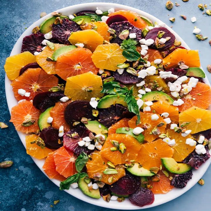 Citrus salad with beets, pistachio, and avocado