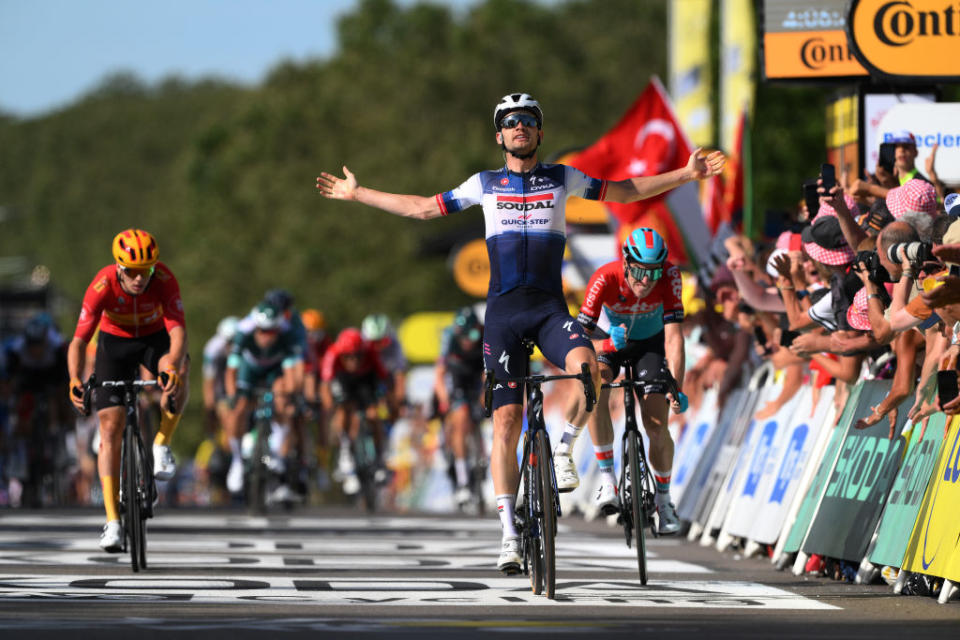 BOURGENBRESSE FRANCE  JULY 20 Kasper Asgreen of Denmark and Team Soudal  Quick Step celebrates at finish line as stage winner during the stage eighteen of the 110th Tour de France 2023 a 1849km stage from Motiers to BourgenBresse  UCIWT  on July 20 2023 in BourgenBresse France Photo by David RamosGetty Images