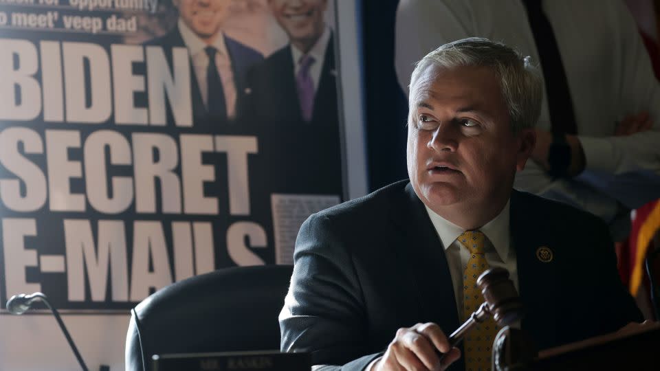With a poster of a New York Post front page story about Hunter Biden's emails on display, Rep. James Comer announces a recess during a House hearing on February 8, 2023. - Alex Wong/Getty Images North