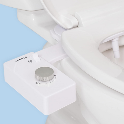 TUSHY Classic 3.0 Bidet Toilet Seat Attachment against blue background