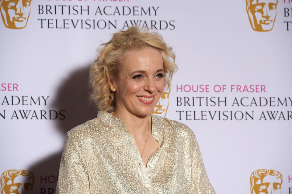 LONDON, ENGLAND - MAY 10:  Amanda Abbington poses in the winners room at the House of Fraser British Academy Television Awards at Theatre Royal, Drury Lane, on May 10, 2015 in London, England.  (Photo by David M. Benett/Getty Images)