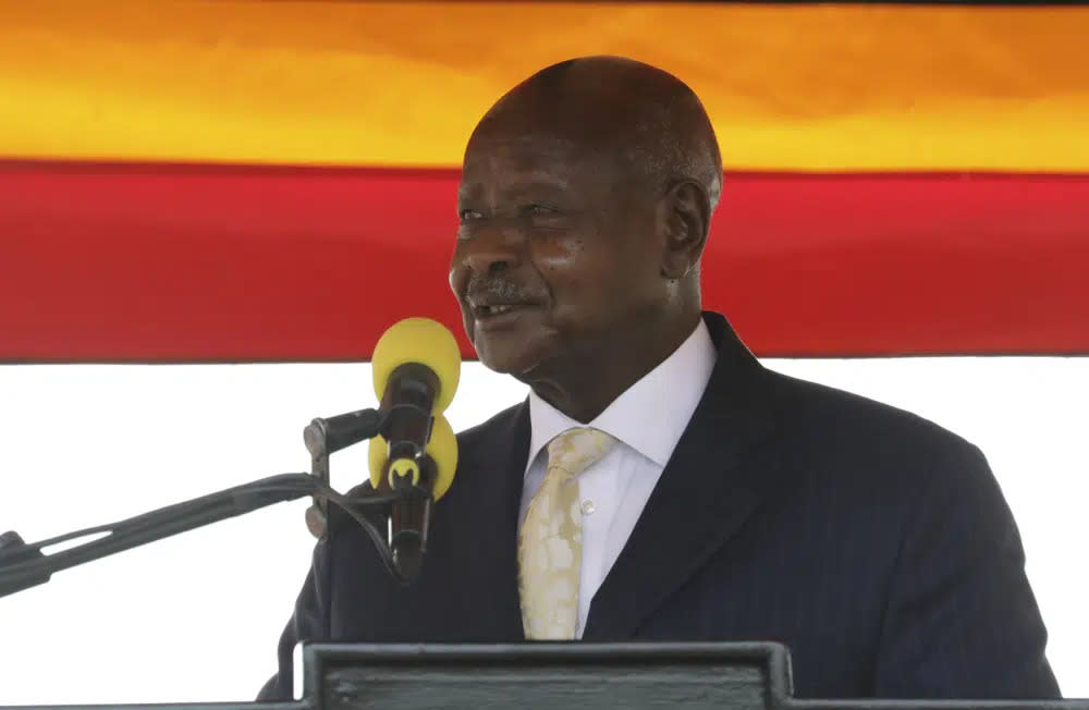 Ugandan President Yoweri Museveni speaks during the 60th Independence Anniversary Celebrations, in Kololo, Uganda, Sunday Oct. 9, 2022. (AP Photo/Hajarah Nalwadda)