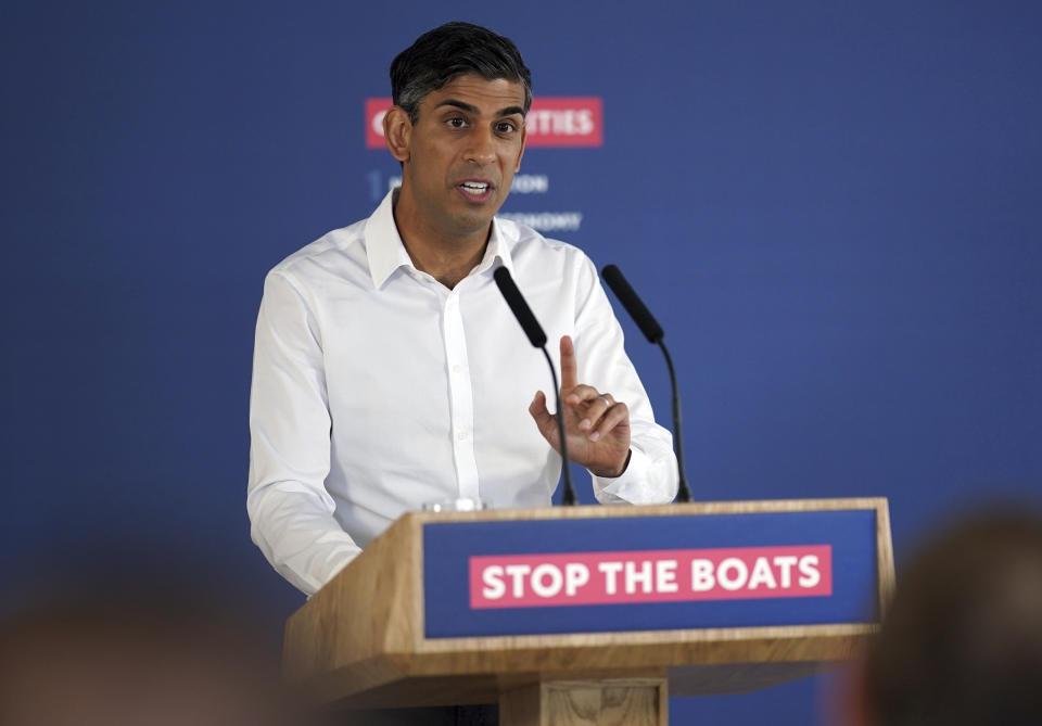 Britain's Prime Minister Rishi Sunak speaking during a press conference at Western Jet Foil in Dover, England, Monday, June 5, 2023, as he gives an update on the progress made in the six months since he introduced the Illegal Migration Bill under his plans to "stop the boats". (Yui Mok/Pool Photo via AP)