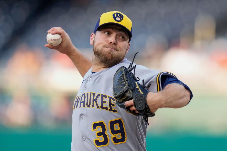 Milwaukee Brewers starting pitcher Corbin Burnes throws during the first inning of a baseball game against the Washington Nationals at Nationals Park, Monday, July 31, 2023, in Washington. (AP Photo/Alex Brandon) ORG XMIT: OTK